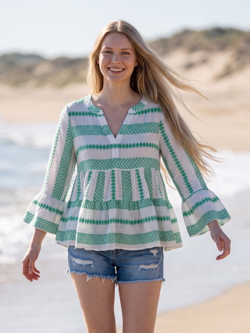 Cato Green and White Striped V-Neck Peasant Tunic